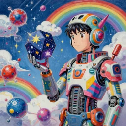 surreal gouache painting, by yoshitaka amano, by ruan jia, by conrad roset, by kilian eng, by good smile company, detailed anime 3 d render of floating molecules and a robot artist holding an icosahedron with stars, clouds, and rainbows in the background, cgsociety, artstation, modular patterned mechanical costume and headpiece, retrowave atmosphere