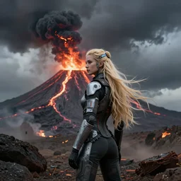 volcano eruption post apocalyptic scene with a long haired blonde cyber girl futuristic mars mad max bladerunner stormy weather