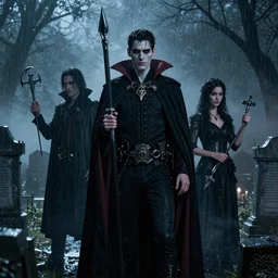 Vampire Chronicles characters in real life, fog, rain, volumetric lighting, beautiful, night time, cemetery, sharp focus, ultra detailed, cgsociety