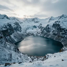 a cinematic landscape image of snowy mountains and a lake