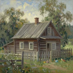 steve buscemi painting a cottage. gouache fairytale art, russian romanticism, muted palette, backlighting, depth of field
