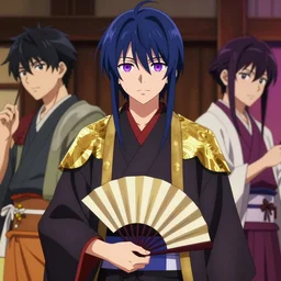 teenager boy with straight indigo hair, purple eyes with red eye markers, slim body, wearing a detailed Japanese kimono with golden armpieces, holding a pair of fans. rich vivid colors, ambient lighting, dynamic lighting, 4k, official media, anime key visual, makoto shinkai, ilya kuvshinov, lois van baarle, rossdraws, detailed, trending on artstation