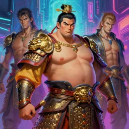 attractive beefy male with armor, tang dynasty, character design, colorful, neon lights, cyberpunk, painting by gaston bussiere, craig mullins, j. c. leyendecker, tom of finland