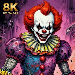 scary robot clown, cyberpunk, scary, horror movie, abomination, highly intricate, intricate ink illustration, award - winning, vibrant colors, colorful, 8 k