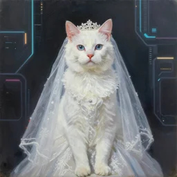 beautiful oil painting of a white cat in a wedding dress cyberpunk style by Jeremiah Ketner