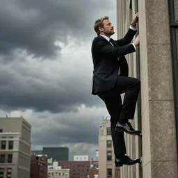 Clean-shaven Jon Favreau wearing a black suit and black necktie and black dress shoes is climbing up a tall building in an urban city. The sky is filled with dark clouds and the mood is ominous.