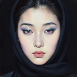 photorealism oil painting, close - up portrait from above of fashion model, black scarf, delicate blue makeup, sad eyes, dark background, in style of classicism mixed with 8 0 s japanese sci - fi books art