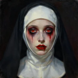 'The stare of the nun' A beautiful detailed aesthetic horror portrait painting depicting 'A possesed nun with a demonic tainted face, here eyes look like portals to hell' by Odilon Redon, Trending on cgsociety artstation, 8k, masterpiece, cinematic lighting.