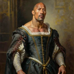 oil painting of Dwayne Johnson dressed like a renaissance woman
