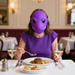 a woman wearing a purple dress and wearing a purple slug mask eating dinner at a fancy French restaurant in Tokyo, anime film still from the an anime directed by Katsuhiro Otomo with art direction by Salvador Dalí, wide lens