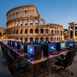 Ancient roman LAN party, roman architecture, modern computers PC RGB gamer lights and gamer chairs