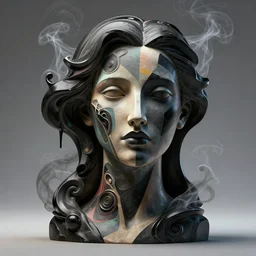 epic concept art. 3 d abstract female face silhouette mixing with black and color liquid fluid. abstract sculpture. art deco swirls. smoke simulation, vfx, cinema 4 d, tyflow. masterpiece, michelangelo. concept art, matte painting. greg rutkowski, wlop, victo ngai, kandinski