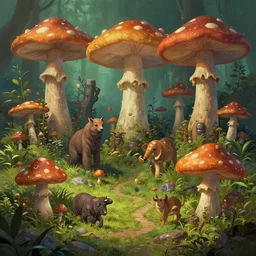 Highly Detailed digital illustration about the beauty of nature in a biopunk world where all animals have been replaced by mushroom beasts. Trending on Artstation