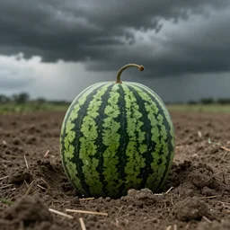a whole watermelon in a small pit in the eye of the storm, windy, concept art, desaturated, gloomy