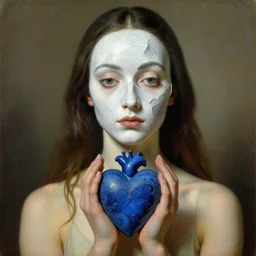 young beautiful girl with shattered white marble face holds a blue ornate heart in her hands, the long shot, high-detailed oil painting by Salvador Dali, masterpiece, 4k