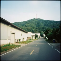 a road next to warehouses, and a hill background with a radio tower on top, disposable camera effect