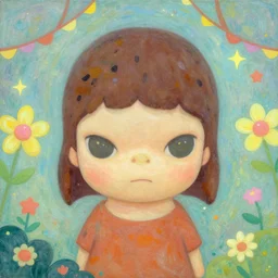 fluorescent spectacular magical wonderland painterly soft brush, shy modest pleasing palette, textured, detailed, flawless, perfect, mural - sized chibi character design key visual symmetrical headshot portrait entitled innocence by yoshitomo nara ( 2 0 1 2 ), close - up, idyllic textured particulate sparkling atmospheric adorable garden matte painting detailed pastel from fantasia ( 1 9 4 1 )