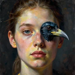 A beautiful art installation of a human face with a bird's beak protruding from the forehead. biopunk by Edgar Degas