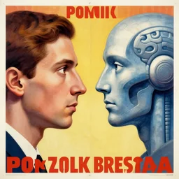 poster of in the style of polish posters school with two faces, human and artificial intelligence, one opposite the other looking into each other's eyes