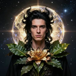 studio portrait, a man king hair black, symetric, organic, flower, leaf, cosmic, futuristic, global illumination, radiant light, stellar background, by peter gric, peter mohrbacher