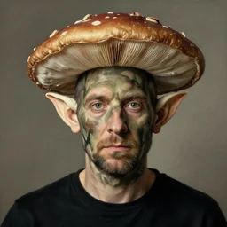 portrait face head eyes man fungal ears Mushroom Sorcerer the Hank Hill camouflaged as a breadbasket wearing a black shirt mark ryden greg rutkowski andrew wyeth giorgio de chirico