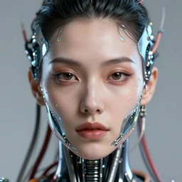 a beautiful close up portrait of a symmetric woman face, with epic bionic cyborg implants, wires, tubes, biomechanical details, liquid, prismatic highlights, depth of field, cinematic, concept art, 5 0 mm, artstation, elegant, focus, octane render, vray, by h. r. giger
