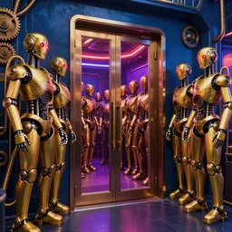 entrance door to a futuristic nightclub, in front of the door is a long queue golden and blue metal humanoid steampunk robots wearing and gears and tubes, eyes are glowing red lightbulbs, shiny crisp finish, 3 d render, 8 k, insaneley detailed, fluorescent colors, background is back yrad of a nightclub, nightlight