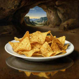 a plate of nachos reflecting the surroundings in a cave, renaissance painting, hyperrealistic