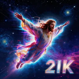 Jesus Christ flying in space, dynamic lighting, +++++++++++ super super dynamic dynamic pose, glitch effect, colorful, space, starry night, intense, 20k