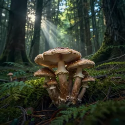 eerie forest overgrown with mushrooms with sun rays peeking through the trees