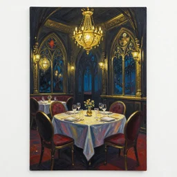 fancy restaurant on a clear night. gouache and gold paint, gothic horror, limited but vibrant palette, backlighting, depth of field.