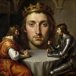 detailed face, sitting, oil painting of king arthur and the knight lancelot sitting at the round table in camelot, artemisia gentileschi