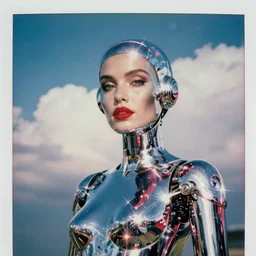 analog polaroid portrait of an attractive chrome fembot looking at the camera, beautiful, red lipstick, vintage science fiction, sheen, red reflections, unreal engine, azure sky, big clouds visible, sunlight, reflection, sparkles, lensflare, film grain, depth of field, color bleed
