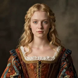 young blonde woman in renaissance dress, color portrait by nan goldin