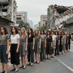 a row of identical women blocking a road, in the style of leesha hannigan, photorealistic, with a destroyed city in the background