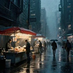 street with food stands in a cyberpunk city on a rainy melancholy night by rene magritte