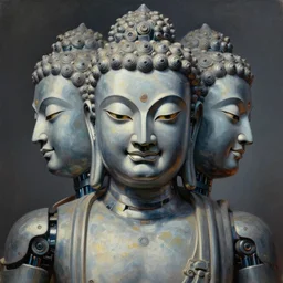 perfectly centered and symmetrical portrait of a 3 faced biomechanical robot buddha, intense stare, sarcastic smile, volumetric lighting, volumetric shadows, intricate details, realistic oil painting by greg rutkowski,