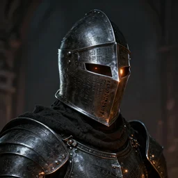 greg rutkowski art : gothic knight, close up of helm, realistic inscriptions of ancient text in steel, armor pitch black, glowing embers of light, 8 k, unreal engine 5