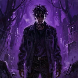 painting of the figure of a man in a haunting scenery during the 1 9 8 0's, stephen king inspired, the it, high contrast, concept art, fully colored, purple filter, neon, dramatic lighting, digital art, 8 k, arkham city, call of cthulhu, extremely detailed, drawn by ruan jia