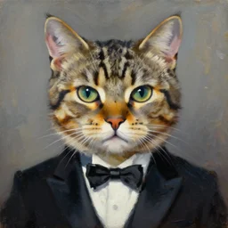 face head eyes fuzzy ears kitty cat tabby international spy 007 wearing a nanotech tuxedo concealing a sword jordan grimmer maxfield parrish cristi balanescu ross tran christophe young dug stanat jakub rebelka oil painting impasto