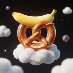a pretzel with a banana hat, floating on a cloud in outer space,