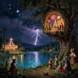 a night carnival around a magical in a summer storm, tree cavity with a music scenario with many fireworks and christmas lights, next to a lake with iridiscent lake water, volumetric lightning, folklore people disguised with fantastic creatures in a magical forest by summer night, masterpiece painted by canaletto, scene by dark night environment, refraction lights, five star stories