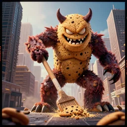 Photo of a dangerous and evil gigantic monster made of cookies, with a cookie head, sweeping the buildings of a city, Kodak Portra 400, epic lighting, detailed