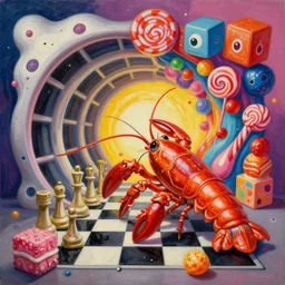 an extremely high quality hd surrealism warm painting of 4 d perspective neon complimentary - colors cartoon surrealism melting sculpture composition of zaha hadid biological anatomical candy crayfish by a much more skilled version of kandinskypicasso and salvia dali the fourth, salvador dali's much much much much more talented painter cousin, 8 k, ultra realistic, chess, tunnels, licorice allsort cubes, candy