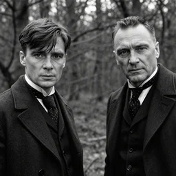 a scene from peaky blinders, medium shot, cillian murphy and tom hardy in a dramatic action scene in the woods, sharp eyes, serious expressions, detailed and symmetric faces, black and white, epic photo by talented photographer ansel adams,