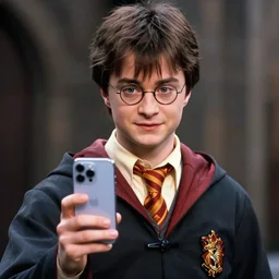 movie screenshot of attractive harry potter holding an iphone in hogwarts, human face