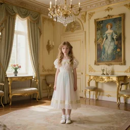 a beautiful young girl in a gold and ivory hotel room, daguerreotype by edward hopper, by henri rousseau, by Bosch, art noveau, highly detailed, strong lights, liminal, eerie, Bright pastel colors, octane render, 8k,