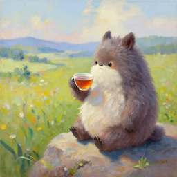 An impressionist oil paiting of a cute furry monster drinking tea on a rock looking out over a beautiful landscape