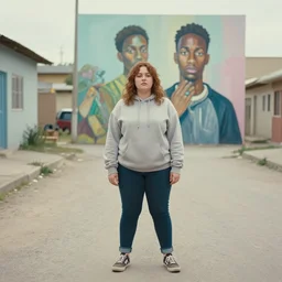 still from music video of annalynne mccord from die antwoord standing in a township street, wearing a hoodie, street clothes, full figure portrait painting by njideka akunyili crosby and john currin, ismail inceoglu, pastel color palette, 3 5 mm lens