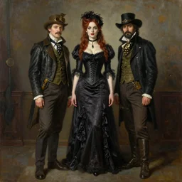 Richard Schmid and Jeremy Lipking and Roberto Ferri full length portrait painting of a young beautiful victorian steam punk vampire woman